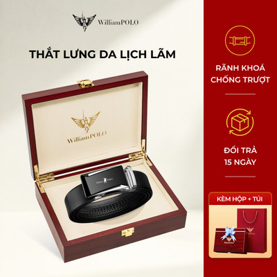 Thắt lưng nam da WILLIAMPOLO chính hãng mặt khóa bạc kính cao cấp kèm hộp và túi