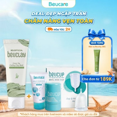 Combo Cốc nguyệt san BeUcup + 1 tuýp mặt nạ đất sét BeUclay trà xanh sáng da, se khít lỗ chân lô
