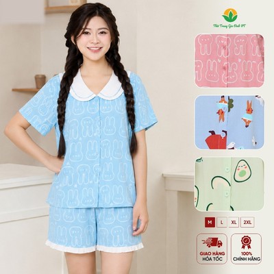 Bộ mặc nhà lanh nữ quần đùi áo cộc tay cổ sen phối họa tiết dễ thương thời trang Việt Thắng B03.6128