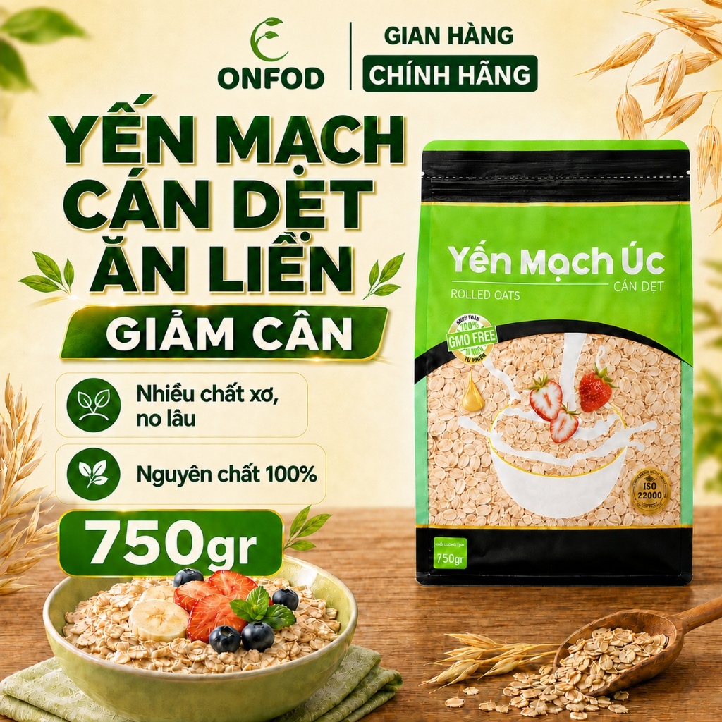 Yến mạch cán dẹt nguyên chất ONFOD yến mạch cán dẹp nguyên cám úc ăn liền 750gr