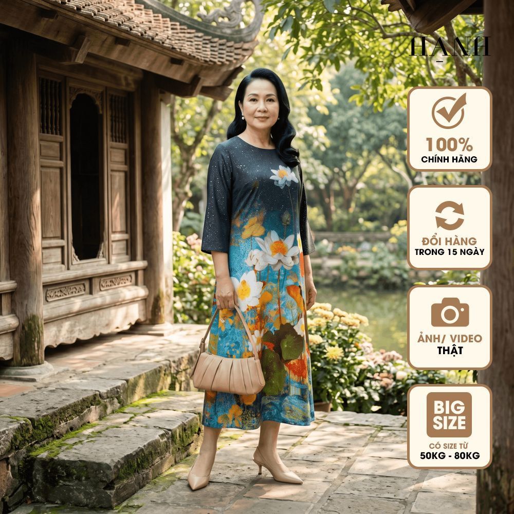HẠNH-Đầm Trung Niên Nữ Cao Cấp Họa Tiết Hoa Sen Sang Trọng U40 U50 U60 – Đầm Suông Tay Lỡ Thanh Lịch