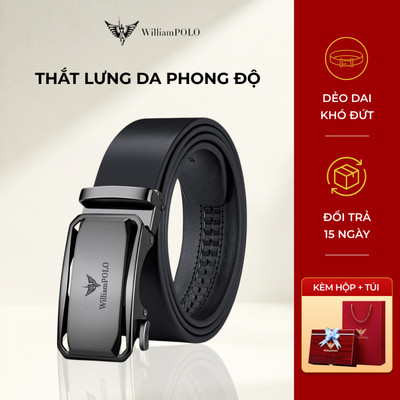 Thắt lưng nam da WILLIAMPOLO chính hãng, dây nịt nam cao cấp mặt xám bạc phong cách lịch lãm POLO2675
