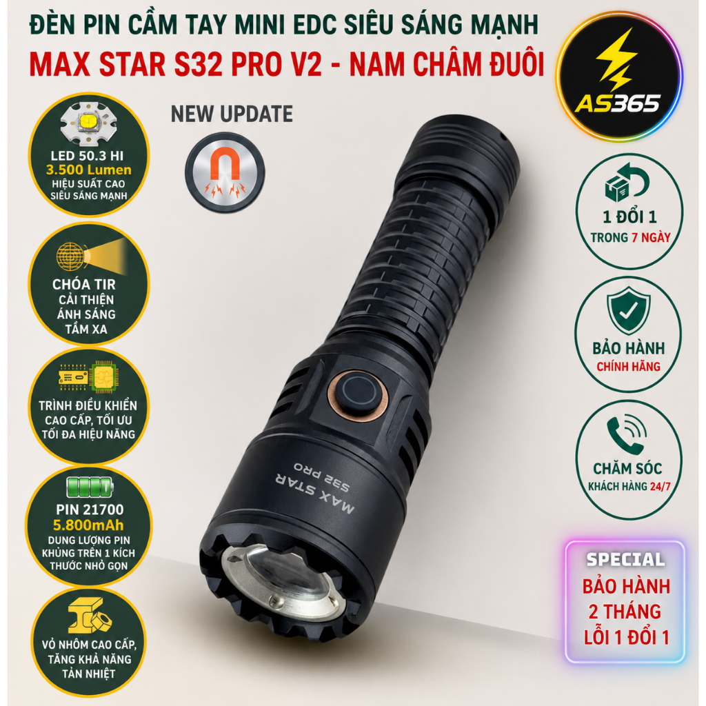 Đèn pin cầm tay mini siêu sáng mạnh MAX STAR S32 PRO 3200lumen pin 21700 dung lượng cao 5800mAh sạc 