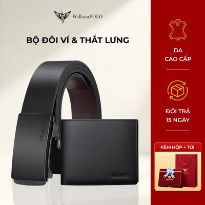 Combo ví và thắt lưng nam da cao cấp WILLIAMPOLO chính hãng, thiết kế thanh lịch kèm túi và hộp gỗ POLO022509P-F