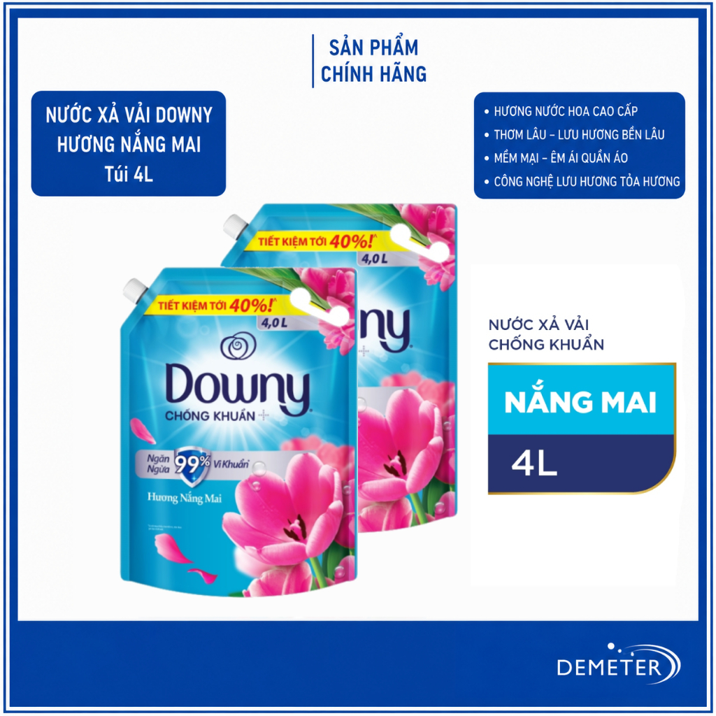 Combo 2 túi Nước Xả Vải Downy Hương Nắng Mai 4L hàng chính hãng