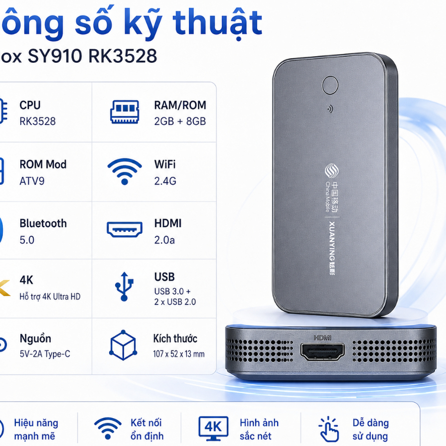 TV Box SY910 RK3528 Android TV 9 ROM Mod WiFi Bluetooth CH Play Remote Giọng Nói, Cài sẵn ứng dụng