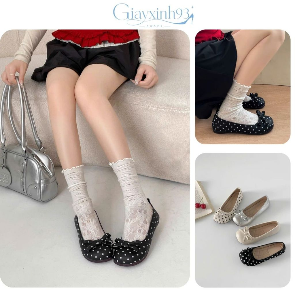 Giày Búp Bê Mary Jane Chấm Bi – Giày Bệt Nữ Mũi Tròn Đính Nơ Quai Ngang Phong Cách Vintage MJ03