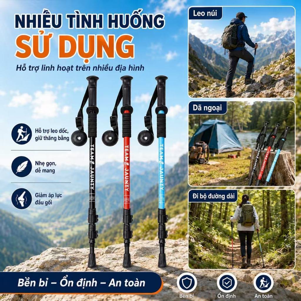 Gậy leo núi trekking thu gọn TEAM JAUNTY khóa nhanh 2 khóa, gậy đi bộ hợp kim nhôm cao cấp