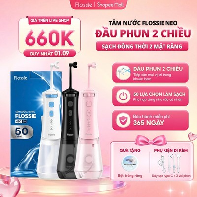[GIÁ 704K LIVE SHOP] Tăm Nước Cầm Tay FLOSSIE NEO đầu 2 chiều xoay 360 độ, 50 lựa chọn làm sạch có chế độ răng niềng,KOC