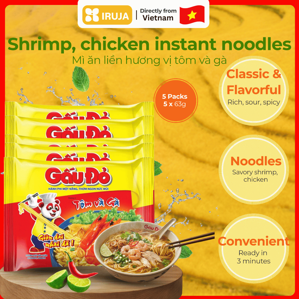 [IRUJA VIETNAM] MÌ TÔM VÀ GÀ GÁU ĐỎ 63G (COMBO X5)