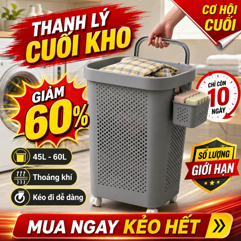 Giỏ nhựa đựng đồ giặt 60L có nắp đậy và bánh xe - Sọt nhựa dày dặn tiện lợi cho gia đình và phòng gi