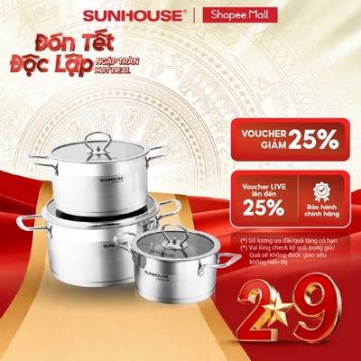 Bộ nồi inox 5 đáy Sunhouse Mama SH784: Gồm 3 nồi - Dùng mọi loại bếp - Đáy 5 lớp hạn chế cháy khét - Hàng chính hãng