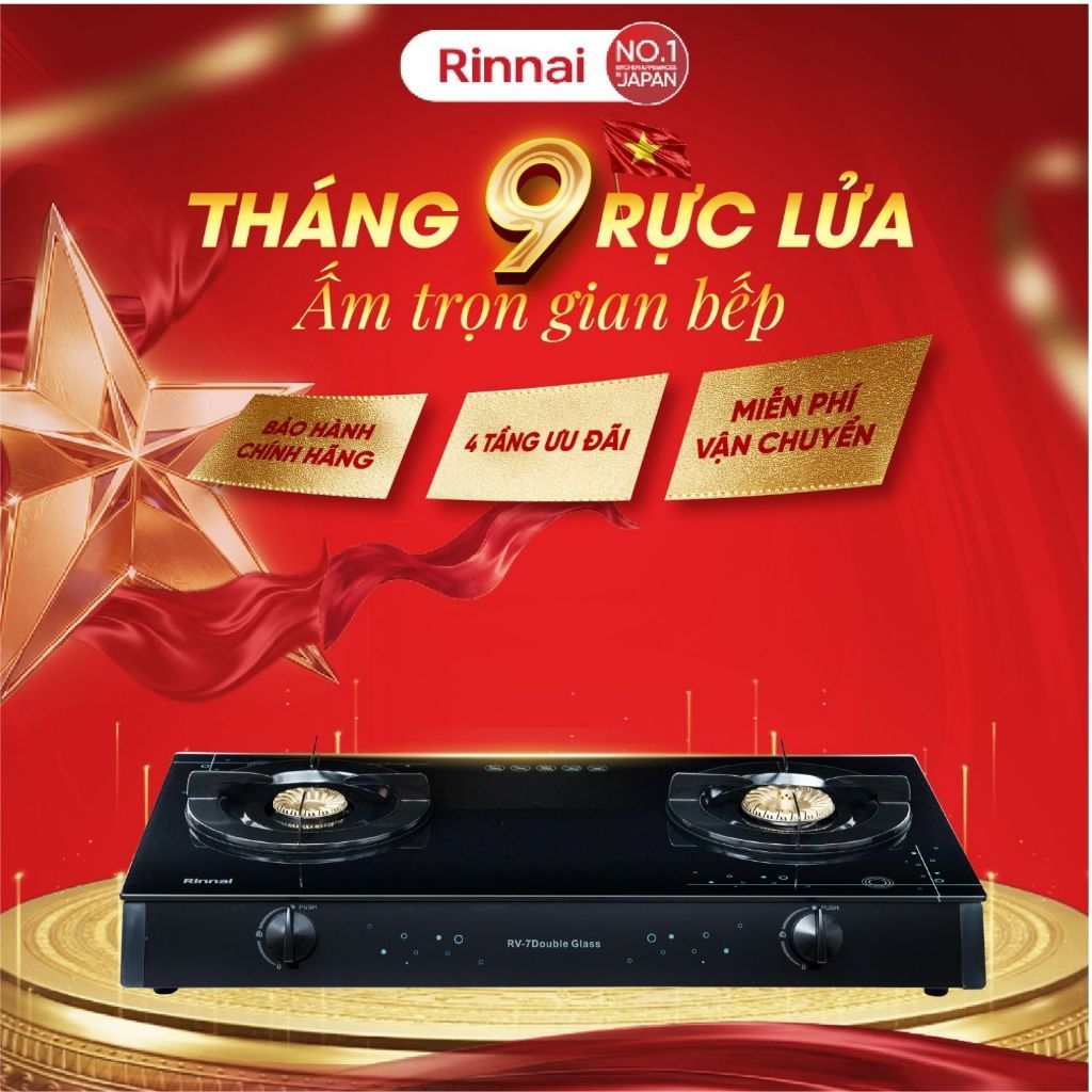 Bếp gas dương Rinnai RV-7Double Glass(Sp) mặt bếp kính và kiềng bếp men