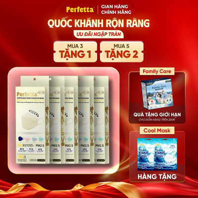 [Tặng 2 Gói Cool] - Combo 5 Hộp Khẩu Trang Perfetta KF94 - Đệm Mút Êm Ái, 3 Lớp Mềm Mại, Đóng Gói Từng Cái
