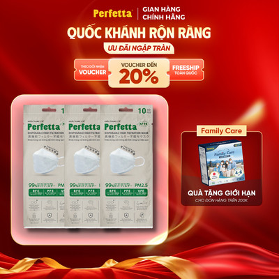 Combo 3 Gói Khẩu Trang Perfetta KF94 - Đệm Mút Êm Ái, 3 Lớp Mềm Mại, Đóng Gói Từng Cái