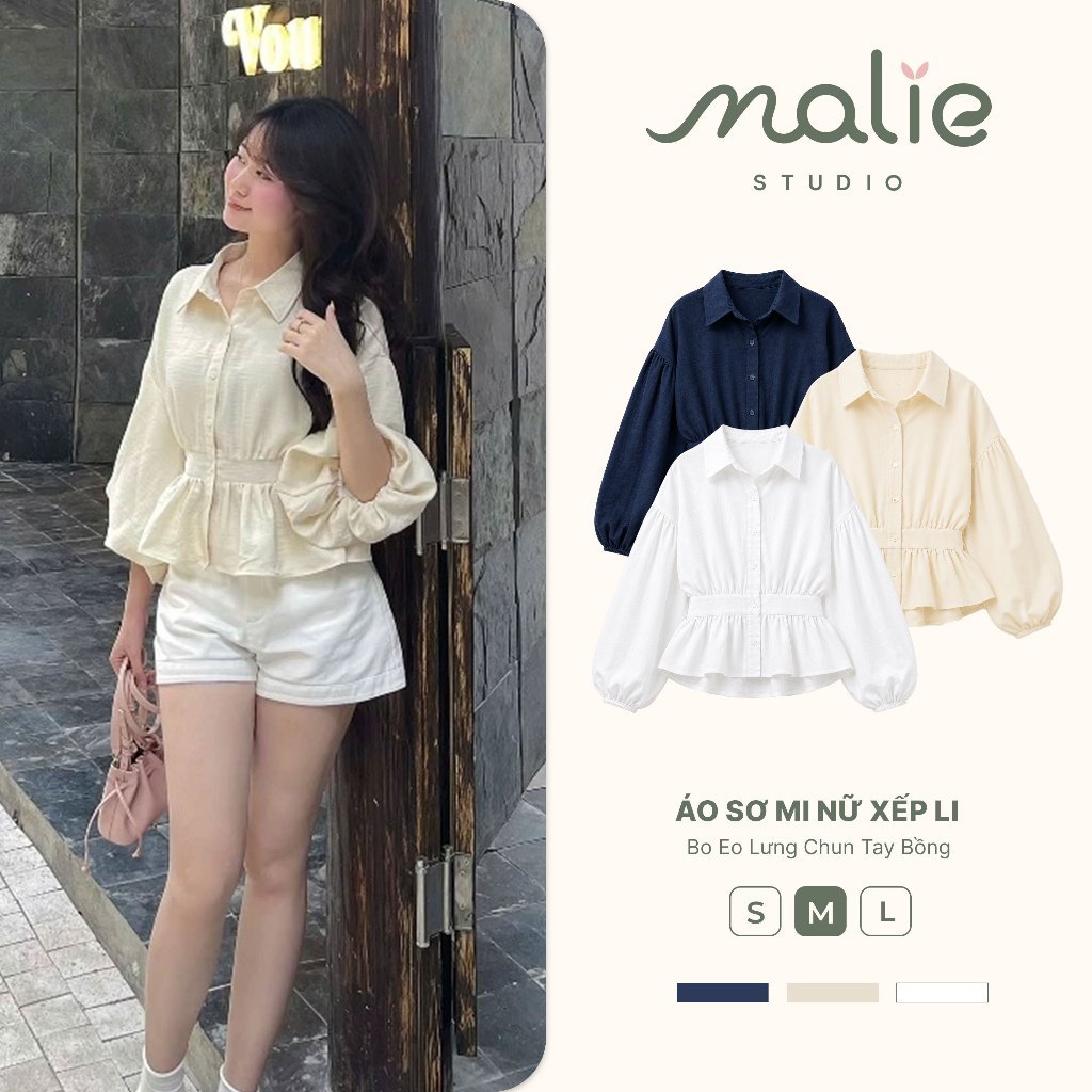 Áo Sơ Mi Nữ Xếp Li Trước Bo Eo Lưng Chun Tay Bồng Cúc Dọc Đũi Hàn Trẻ Trung Năng Động Malie Studio-X