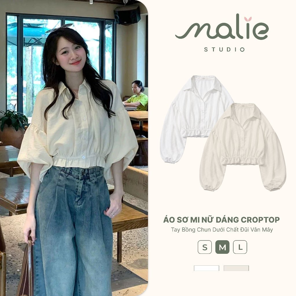 Áo Sơ Mi Nữ Dáng Croptop Tay Bồng Chun Dưới Chất Đũi Vân Mây Siêu Mát Malie Studio-XaKho4