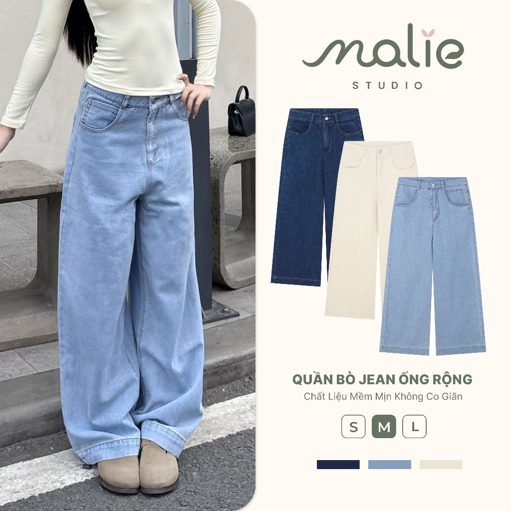 Quần Bò Jean Malie Studio Ống Rộng Chất Liệu Mềm Mịn Không Co Giãn Phong Cách Unisex Hàn Quốc - MQDS