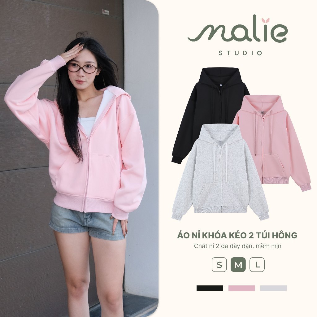 [SALE XẢ KHO] Áo Nỉ Khóa Kéo MALIE STUDIO 2 Túi Hông Chất Nỉ 2 Da Dày Dặn Giữ Ấm Tốt Mềm Mịn Form Rộ
