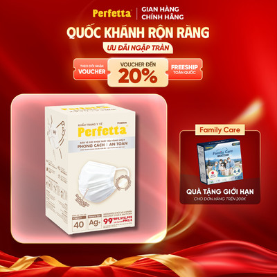 Khẩu Trang Y Tế Perfetta Premium 3 Lớp Có 2 Thanh Nẹp Mềm Mại Hộp 40 Cái, Chống Bụi Mịn Pm2.5