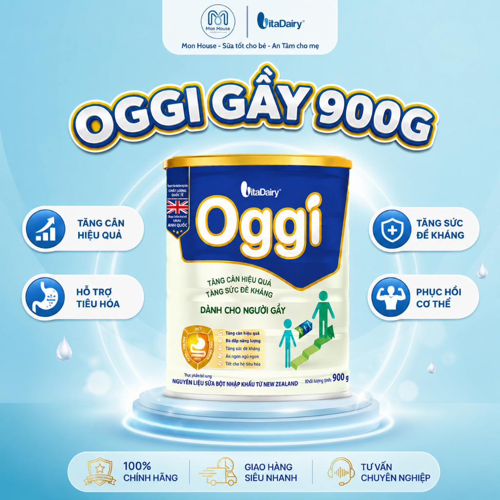 Sữa bột Oggi dành cho người gầy - Oggi Gầy- Bổ sung năng lượng, hỗ trợ tăng cân khoẻ - Lon 900g