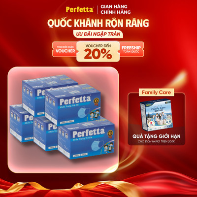 Combo 5 Hộp Khẩu Trang 3 Lớp Perfetta Trẻ Em 35 Cái/Hộp - Trắng/Xanh, Êm Tai