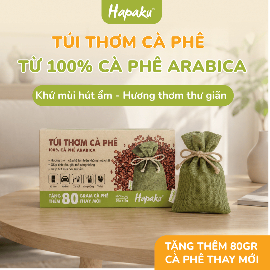 Túi Cafe Khử Mùi Ô Tô Hapaku, Túi Thơm Treo Xe Ô Tô, 100% Cafe Arabica Rang Mộc, Hương Thơm Thư Giãn