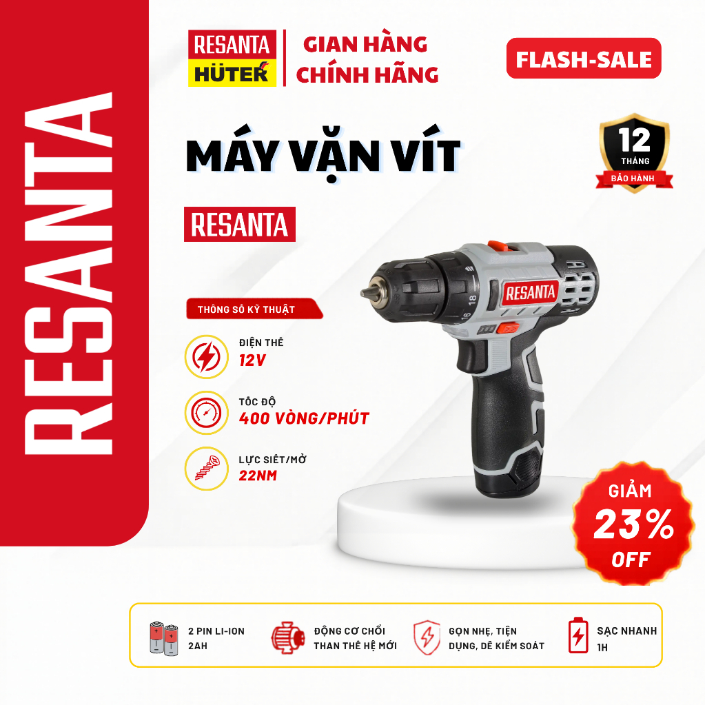 [Tặng Hộp + 2 Pin] Máy Vặn Vít RESANTA 12/16V-75/14/16Nm | Pin 2Ah Khoan Gỗ 30mm Thép 12mm
