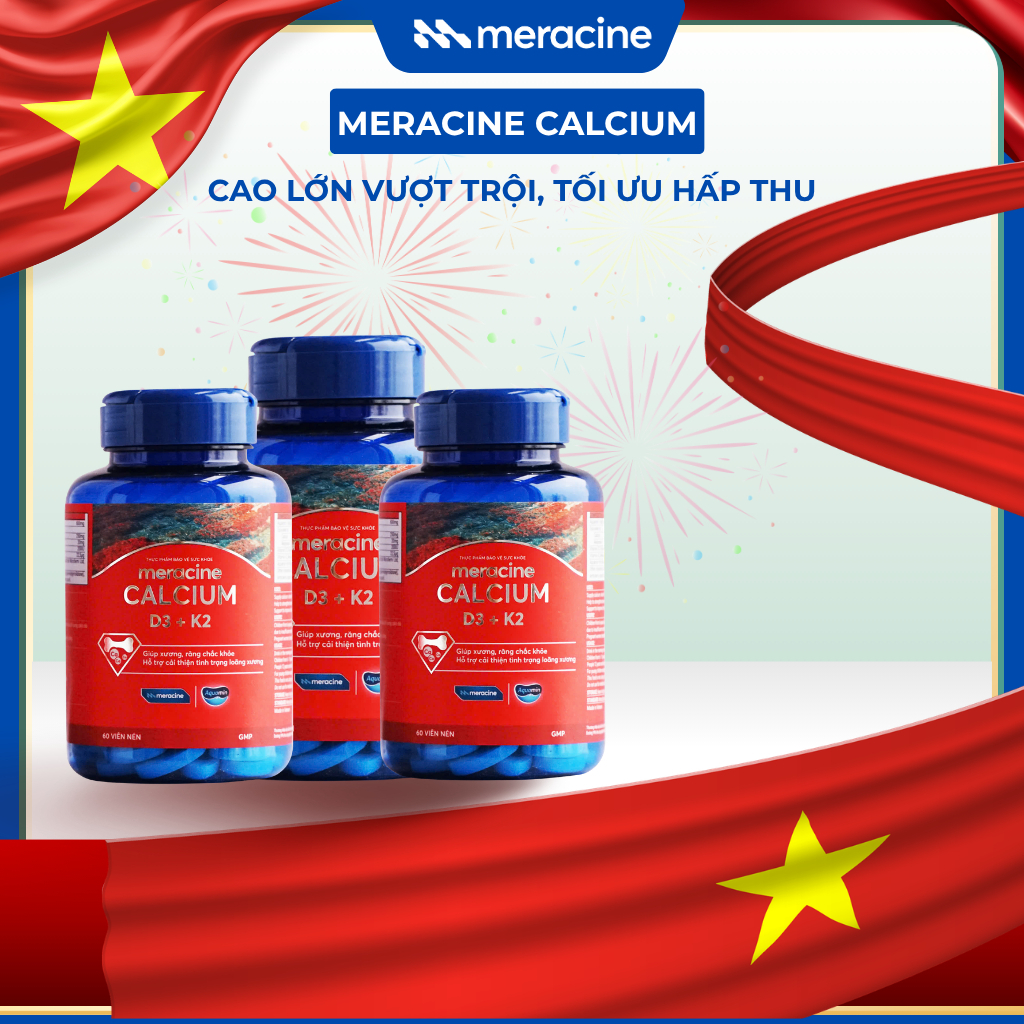 COMBO 3H Canxi hữu cơ Meracine Calcium D3K2 giúp xương chắc khỏe, hỗ trợ phát triền chiều cao Hộp 60