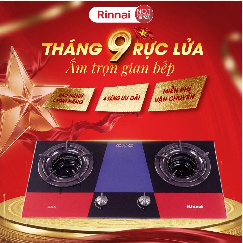 Bếp gas âm đầu đốt trong Rinnai RVB-2Gi(MC) mặt bếp kính và kiềng men