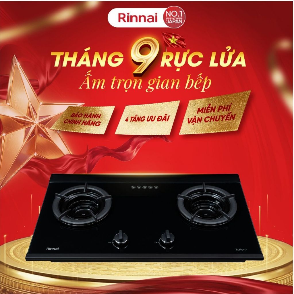 Bếp gas âm Rinnai RVB-2SCHi(SB) - Kính Schottceran, 780x464mm, Đen