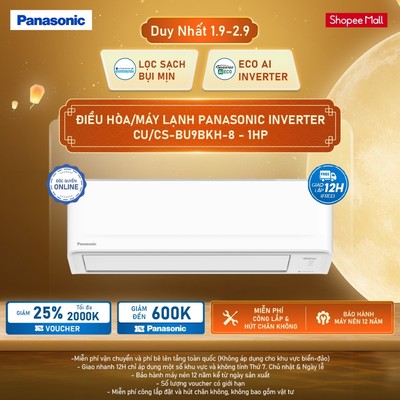 [Sẵn hàng miền Nam] [ELPN2TY MAX 2TR] Điều hòa/Máy lạnh Panasonic Inverter CU/CS-BU9BKH-8 - 1HP - Một chiều