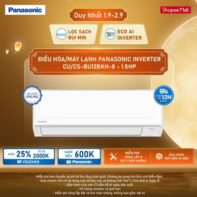 [Sẵn hàng miền Nam] [ELPN2TY MAX 2TR] Điều hòa/Máy lạnh Panasonic Inverter CU/CS-BU12BKH-8 - 1.5HP - Một chiều