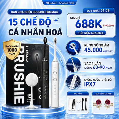 [SĂN 649K LIVE SHOP] Bàn Chải Điện BRUSHIE Promax 15 Chế Độ Làm Sạch Chuyên Nghiệp Phù Hợp Răng Nhạy Cảm,Răng Niềng LIS