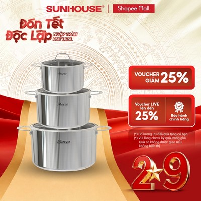 Bộ nồi inox 304 đáy liền đa lớp nguyên khối SUNHOUSE MAMA SHG701/708 - Đáy từ dùng cho mọi loại bếp