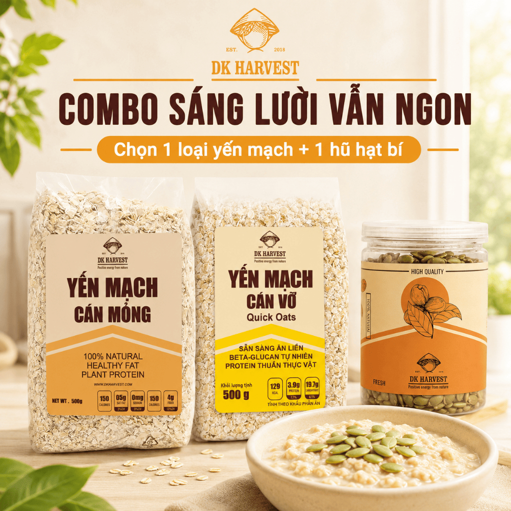 Combo Sáng Lười Vẫn Ngon DK Harvest - Yến Mạch Hạt Bí Rang Mộc, Ăn Nhanh, Sữa Chua, Granola, Overnig