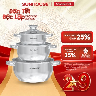 Bộ nồi inox 3 đáy Sunhouse Eco SHG334E - Gồm 3 nồi 16-20-24cm - Inox an toàn, chất lượng - Dùng cho mọi loại bếp