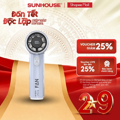 Quạt sạc mini cầm tay Sunhouse SHD7105 - Turbo 100 cấp độ gió - LED hiển thị % pin - Hoạt động liên tục đến 5H