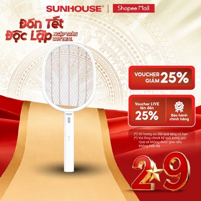 [Mẫu mới nâng cấp pin] Vợt muỗi Sunhouse SHE-EECVM27 - Tích hợp đèn pin chiếu sáng - Chống giật an toàn