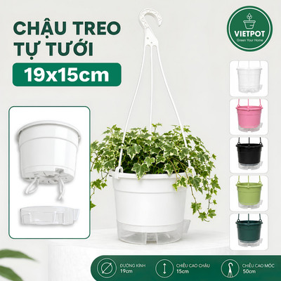 Chậu nhựa treo tự tưới, size 19x15cm, VIETPOT, cho hoa cây cảnh, thông minh decor ban công, sân vườn