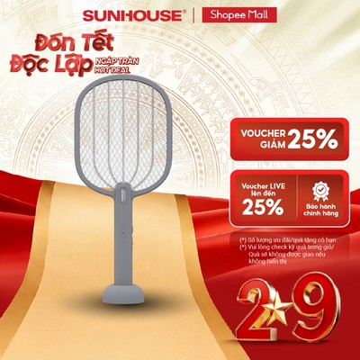 [Mẫu mới nâng cấp pin] Vợt muỗi Sunhouse SHE-EECVM26 - Thiết kế 2in1, tích hợp đèn bắt muỗi - Chống giật an toàn
