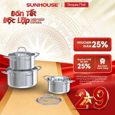 Bộ nồi Inox 316 liền đáy Sunhouse Healthy SHG826 - Inox 316 cao cấp - Liền khối siêu bền - Dùng mọi loại bếp
