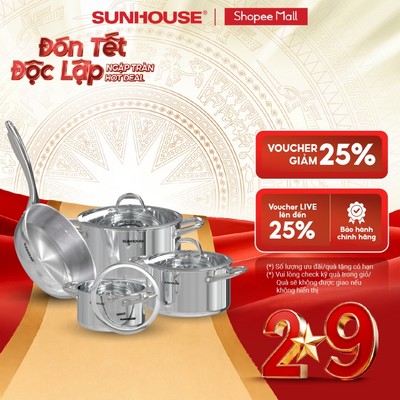 Bộ nồi chảo Inox 304 Sunhouse SHG808  - 3 nồi và 1 chảo - Dùng cho mọi loại bếp - Đa lớp - Dùng được cho máy rửa bát