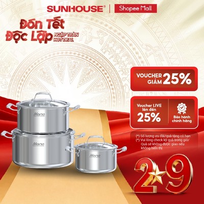 Bộ nồi Inox cao cấp 316 liền đáy Sunhouse Mama SHG825 - 5 lớp Inox - Inox 316 Titanium cao cấp - Dùng mọi loại bếp