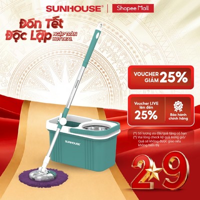 Bộ lau nhà xoay 360 độ Sunhouse KS-CL330IB - Thùng tự vắt tiện lợi - Lồng inox chống gỉ - Chổi sợi bông thấm hút tốt