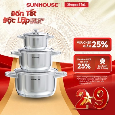 Bộ nồi Inox 5 đáy Sunhouse SHG799 - Đáy từ 5 lớp vượt trội - Inox cao cấp -  Dùng mọi loại bếp