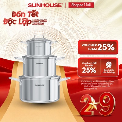 Bộ nồi Inox 304 liền đáy Sunhouse Healthy SHG709 - 3 lớp liền khối bền bỉ - Lòng nồi inox 304 - Dùng mọi loại bếp