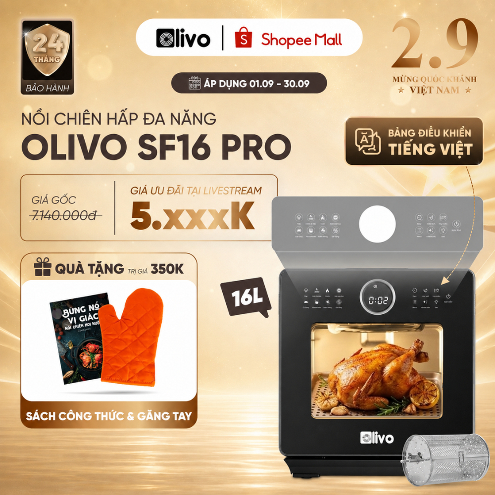 Nồi Chiên Hấp Olivo SF16 Pro 16L – Công Nghệ Hấp Nano Steam – Nồi Chiên Hơi Nước Bản 2025 Có Chú Thí