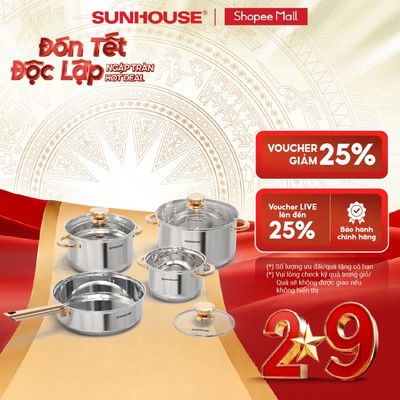Bộ nồi inox 5 đáy Sunhouse SHG789 - Gồm 3 nồi 1 chảo - Inox cao cấp - Đáy 5 lớp - Dùng mọi loại bếp