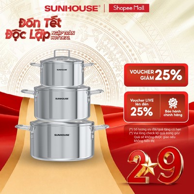 Bộ nồi inox 304 liền đáy Sunhouse Healthy SHG705 - Gồm 3 nồi size 16,20,24cm - Inox 304